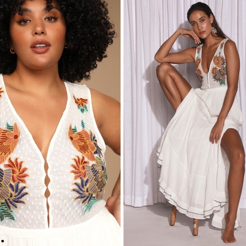 Lulu's White Maxi Dress with Multicolor Floral Embroidery